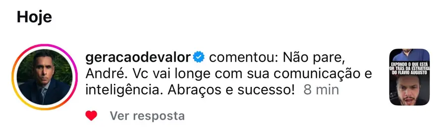 Comentário elogiando o trabalho do André